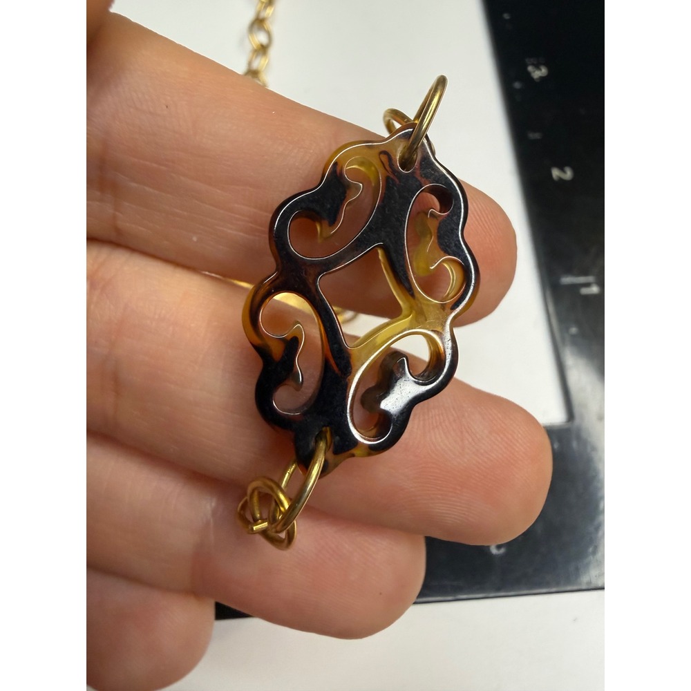 Gold Tone Tortoise Shell Filigree Station Long Chain Necklace Hammered Discs